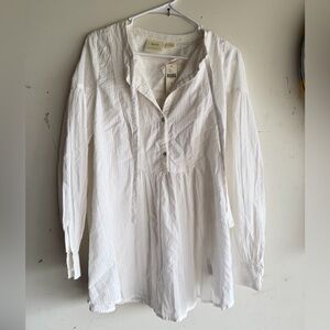 Maeve for Anthropologie White Vivaldi Textured Oversized Tie Neck Blouse 10 m/l